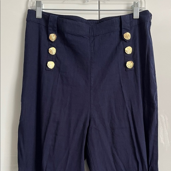H by Halston NWOT Navy Linen Sailor High Waist Trousers Gold Button, Size 10 - Picture 3 of 9